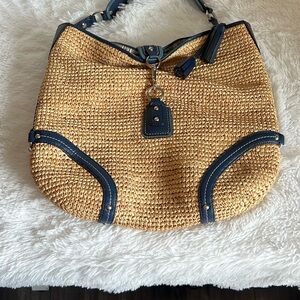 Coach Straw Shoulder Bag with Blue Details